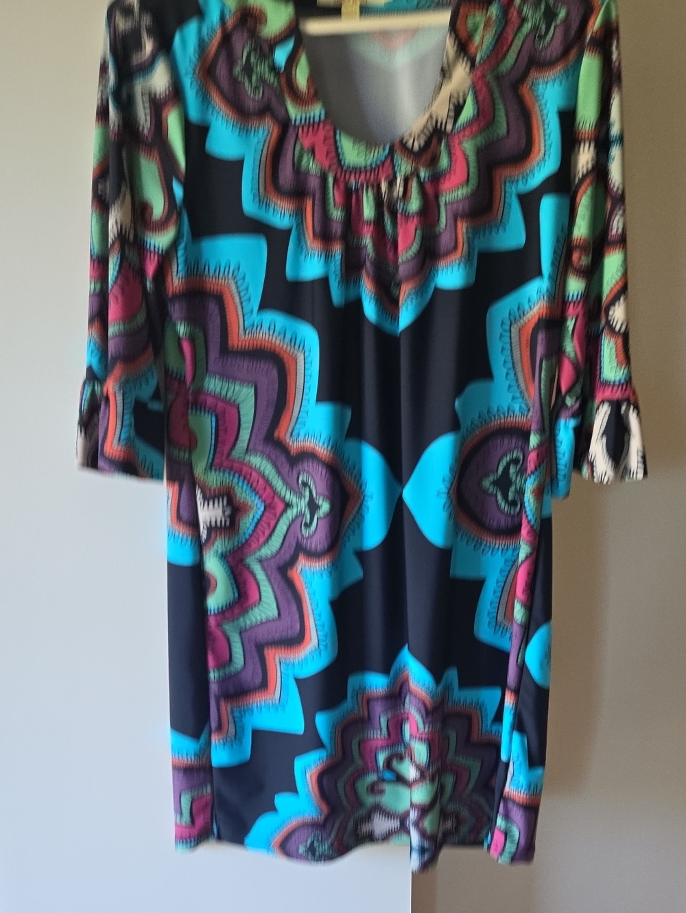 Aryeh Black Tunic Dress with Teal, Pink & Mint Geometric Print